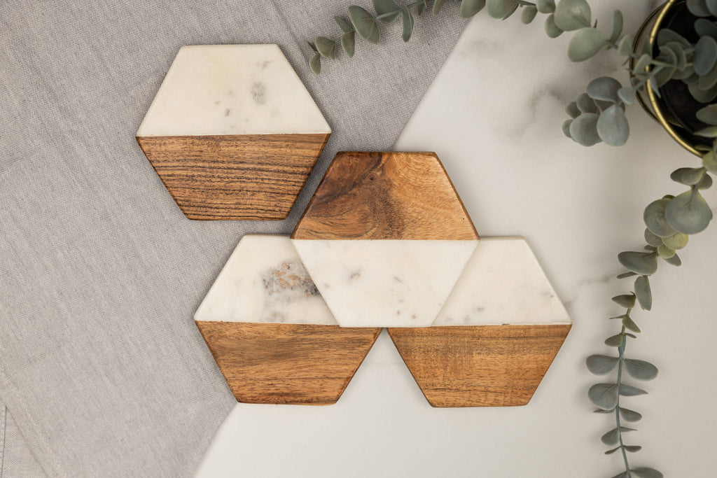 Artisan Marble and Wood Hexagon Coaster Set of 4 - White