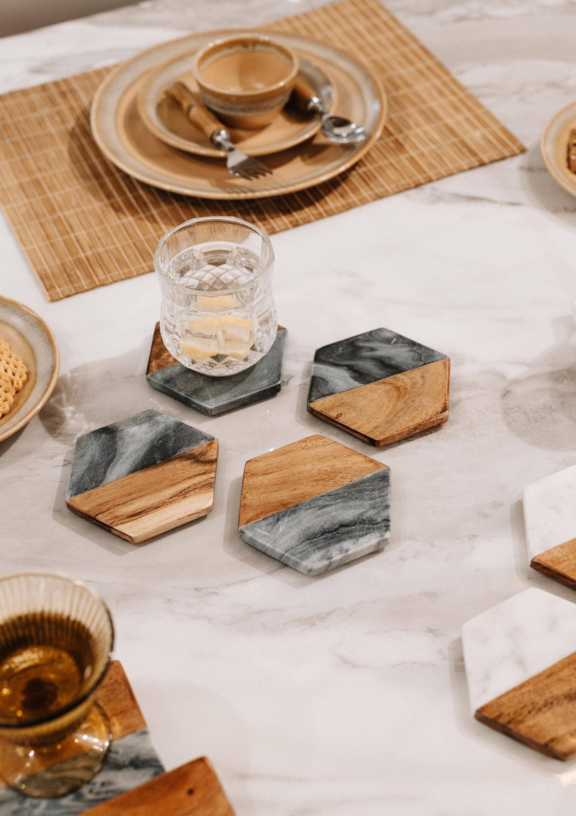 Artisan Marble and Wood Hexagon Coaster Set of 4 - Black
