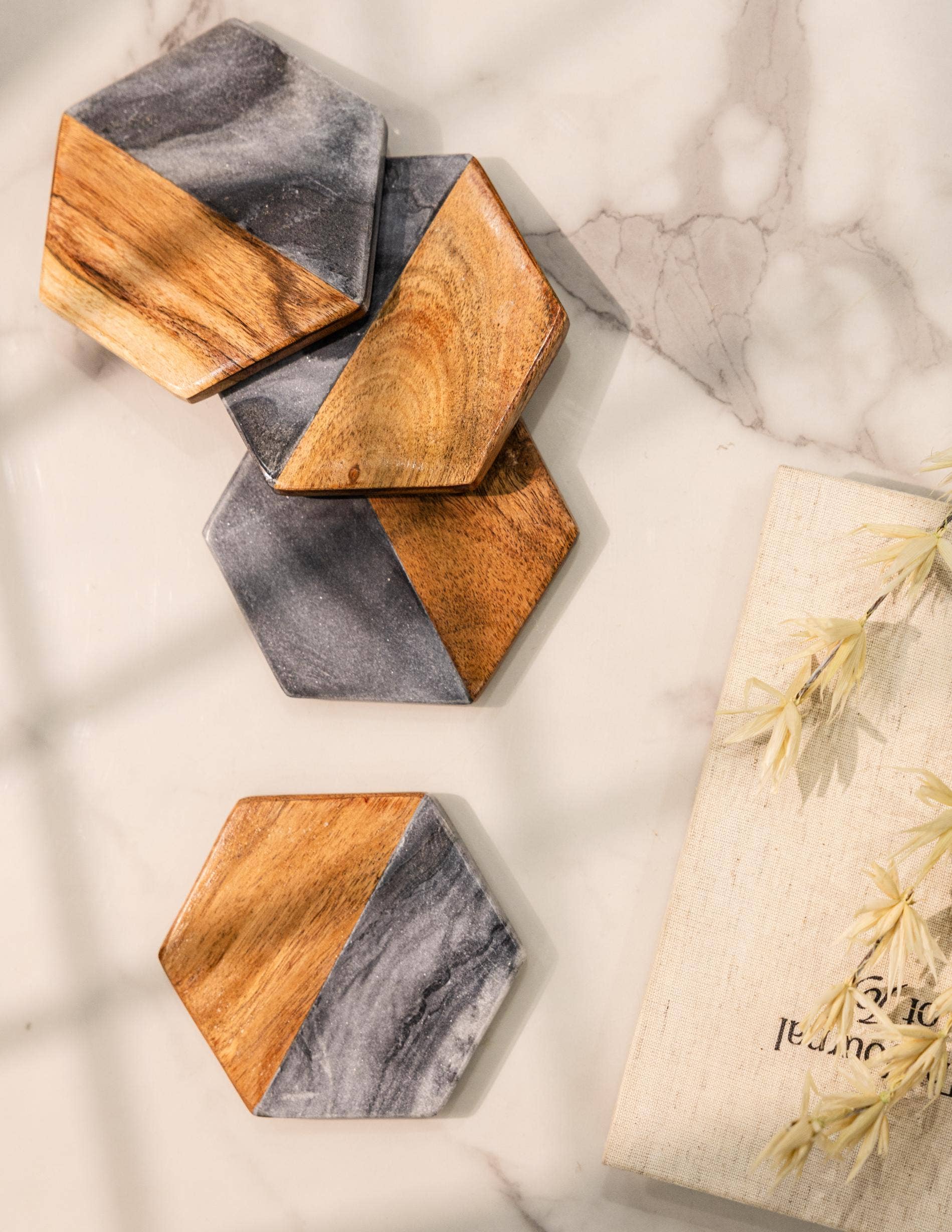 Artisan Marble and Wood Hexagon Coaster Set of 4 - Black