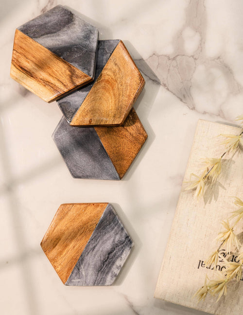 Artisan Marble and Wood Hexagon Coaster Set of 4 - Black