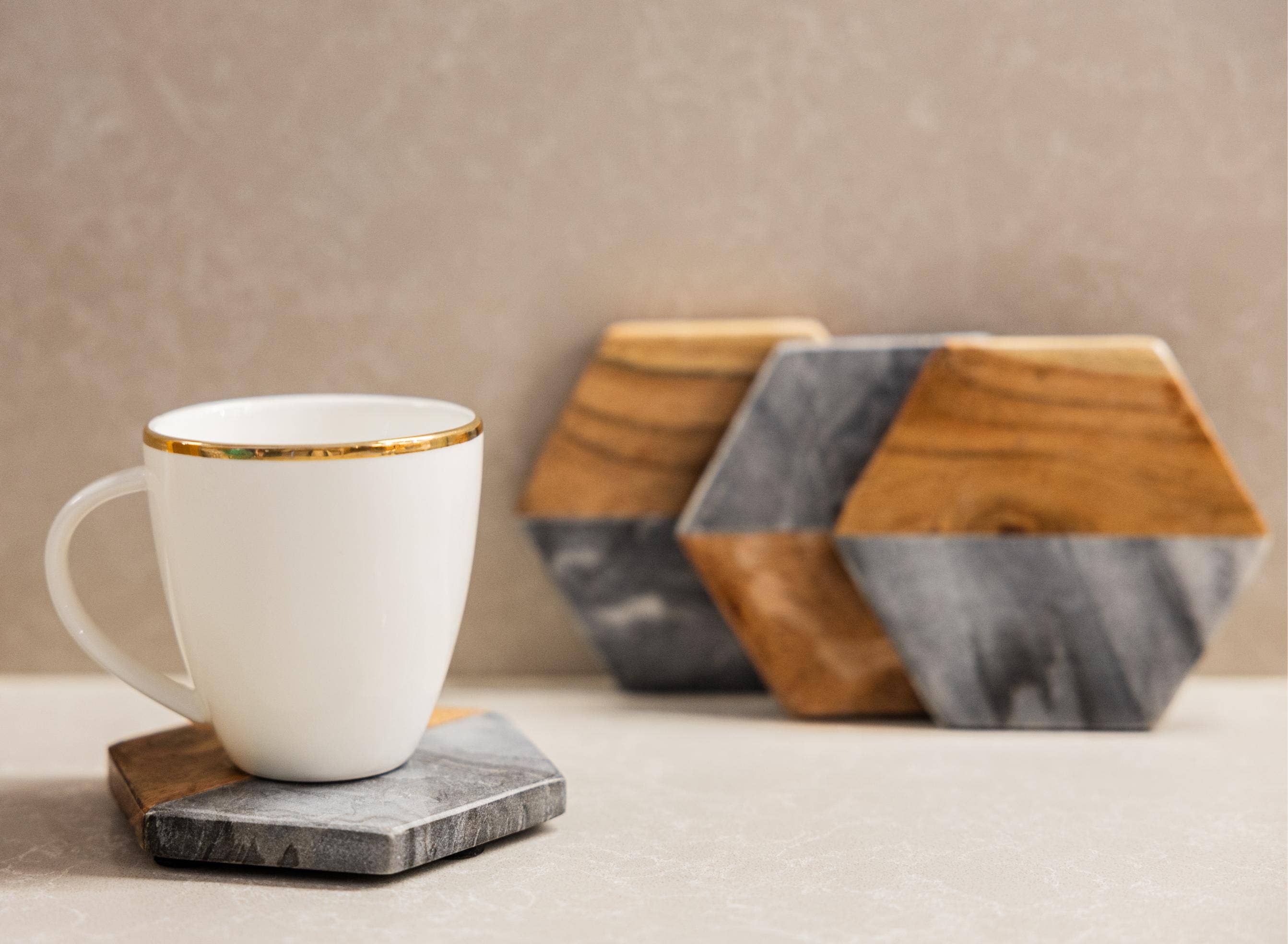Artisan Marble and Wood Hexagon Coaster Set of 4 - Black