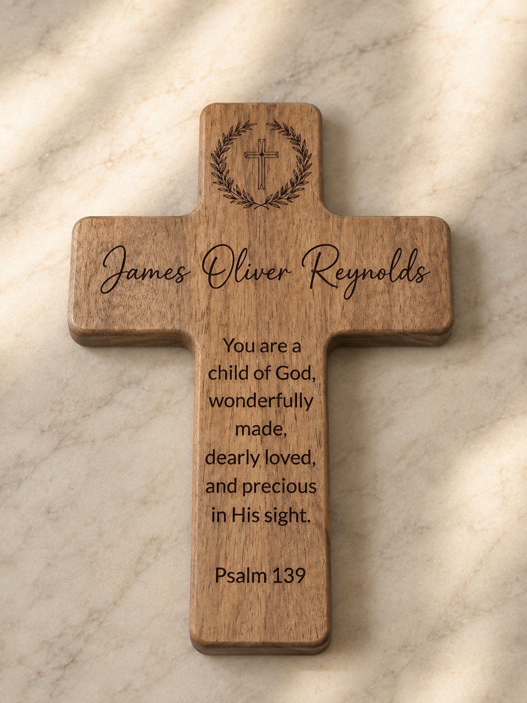 Personalized laser-engraved Black Walnut wood cross with name and Bible verse