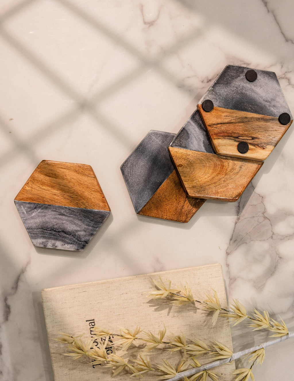 Artisan Marble and Wood Hexagon Coaster Set of 4 - Black