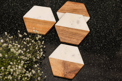 Artisan Marble and Wood Hexagon Coaster Set of 4 - White