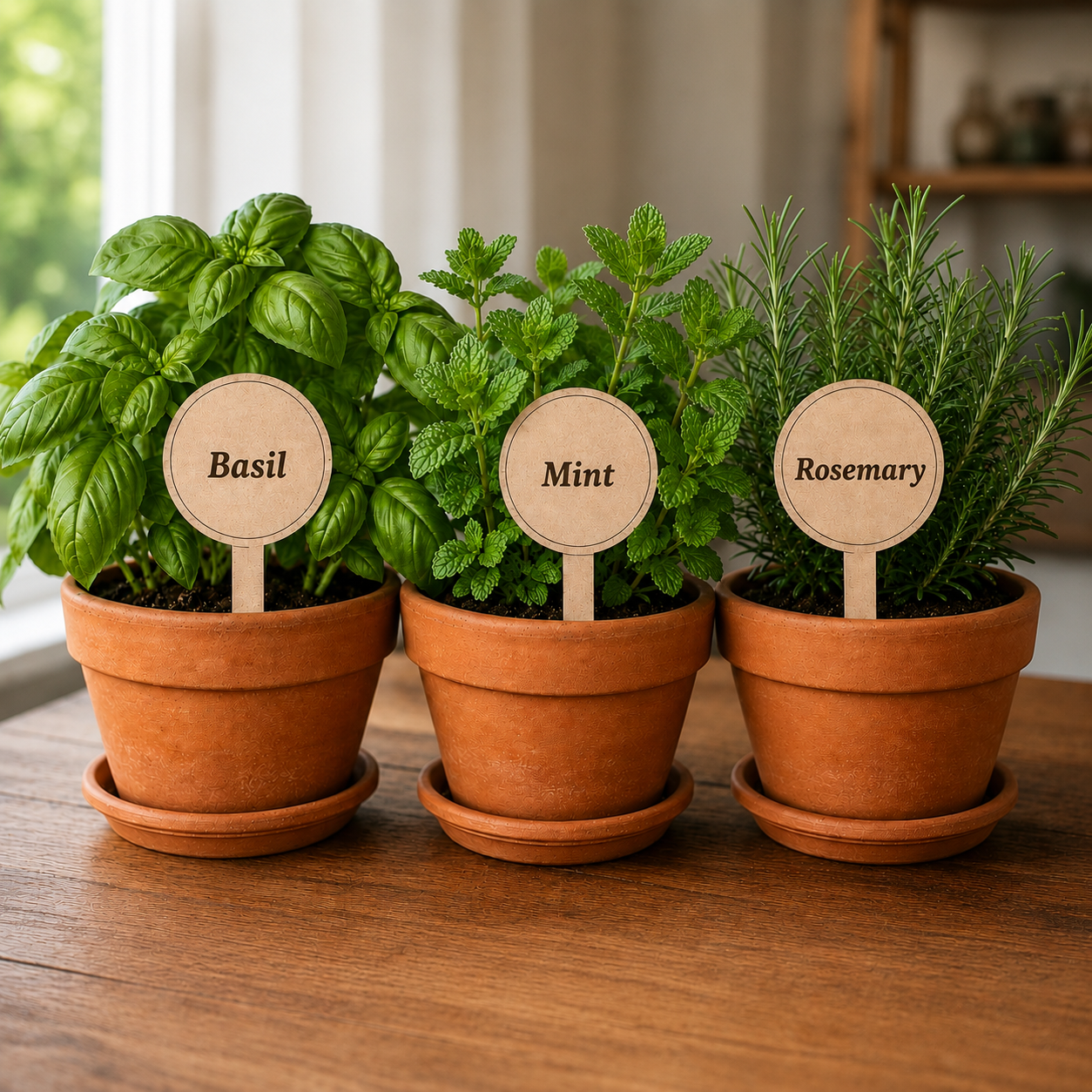 Custom personalized plant stake in a white pot with blue ribbon