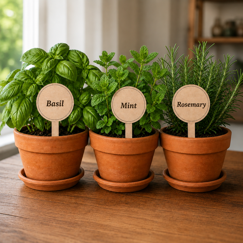 Custom personalized plant stake in a white pot with blue ribbon