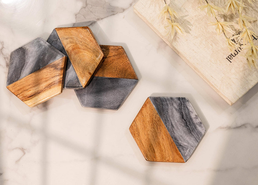 Artisan Marble and Wood Hexagon Coaster Set of 4 - Black
