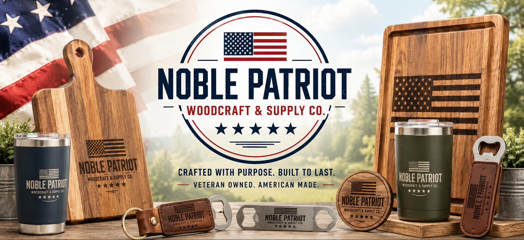 Noble Patriot Woodcraft & Supply Co. branding with wooden cutting boards, tumblers, and other products.
