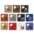 Laserable leatherette coasters with bottle openers in multiple colors, laser-engraved with custom logos and names