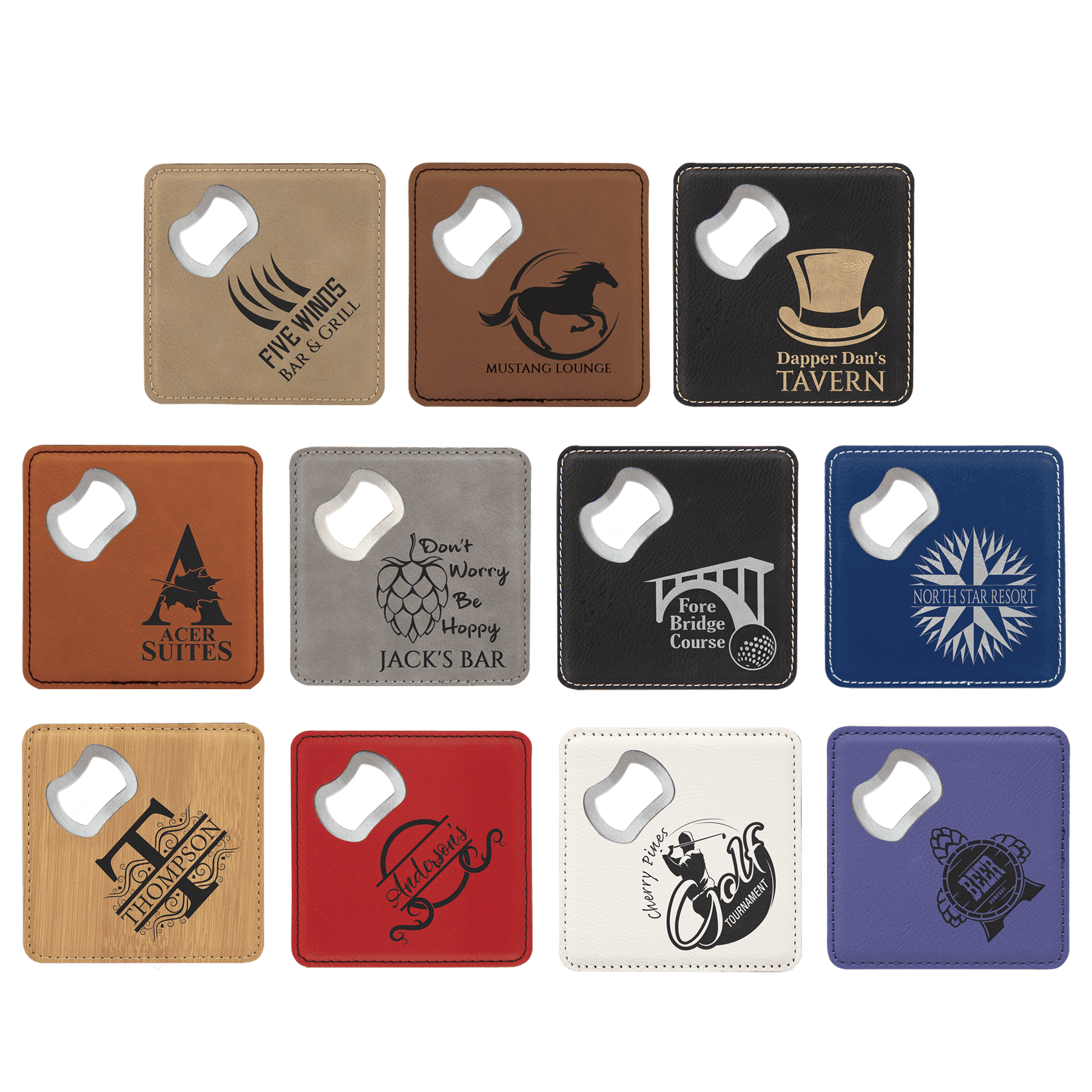 Laserable leatherette coasters with bottle openers in multiple colors, laser-engraved with custom logos and names