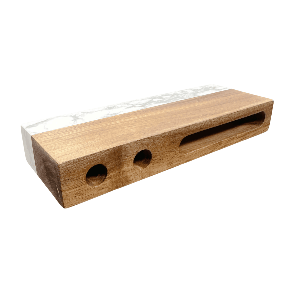 Marble and acacia wood desk name plate - bottom angle view