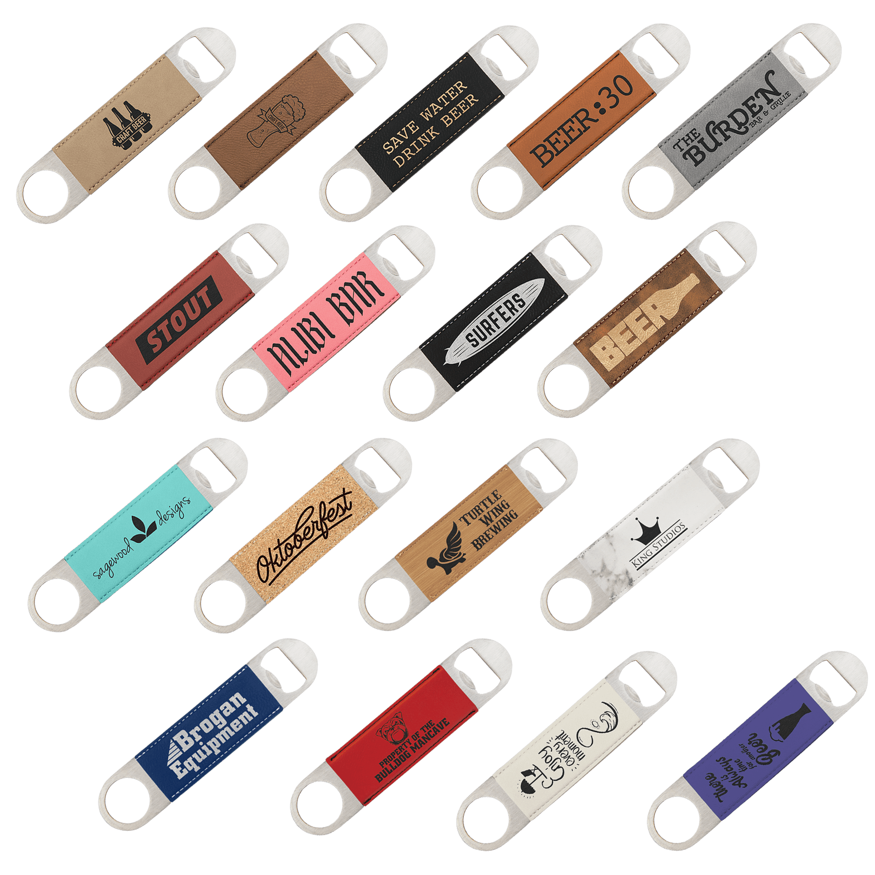 Laserable Leatherette Bottle Opener — Engravable Faux Leather & Stainless Steel