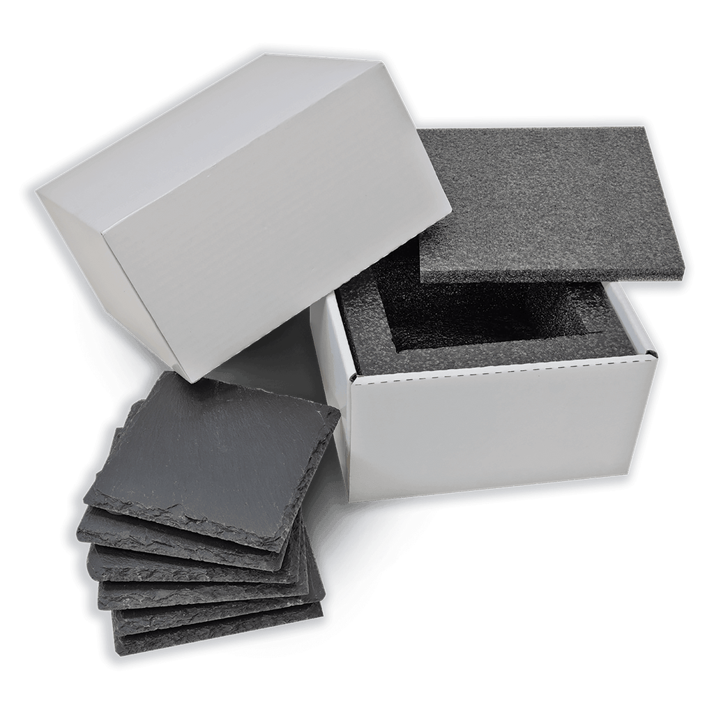 Six square slate coasters with foam-lined gift box