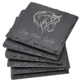 Stack of six laser-engraved square slate coasters with custom Gray Horse Lodge logo