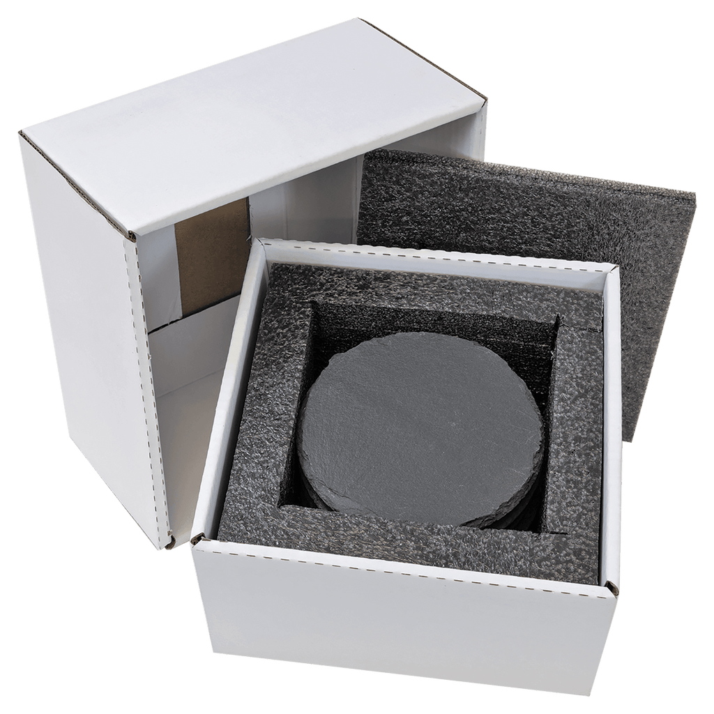 Round slate coaster packaged in foam-lined gift box