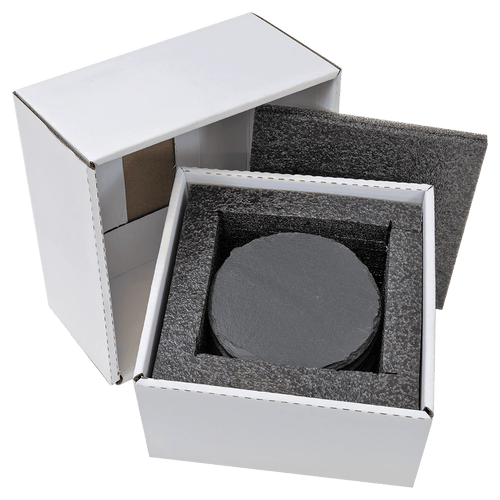 Round slate coaster packaged in foam-lined gift box