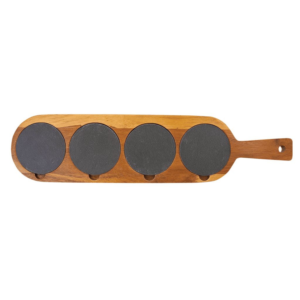 Acacia wood serving board with four removable slate coasters