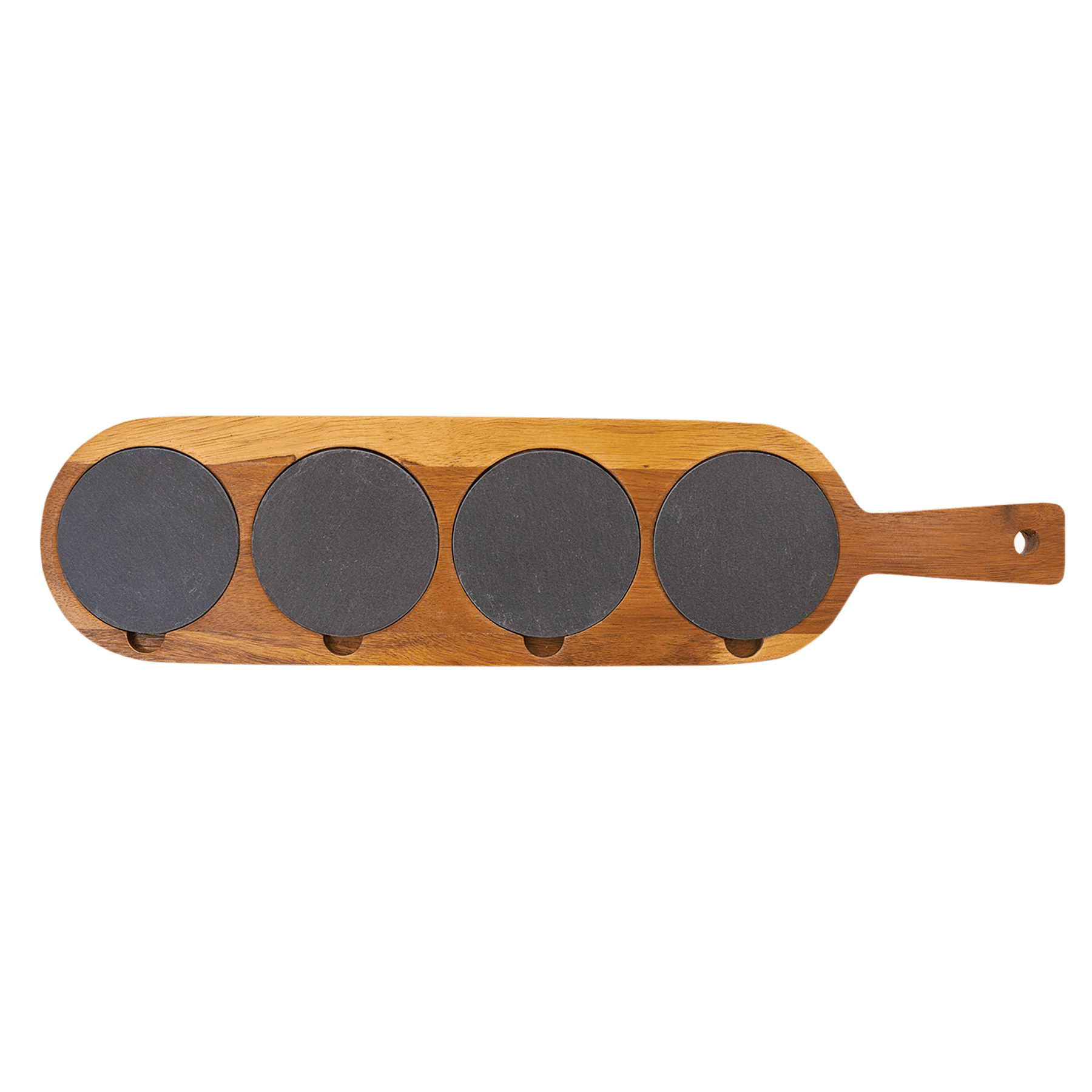 Acacia wood serving board with four removable slate coasters
