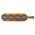 Acacia wood serving board with laser-engraved slate coasters showing custom Rauchbier logo