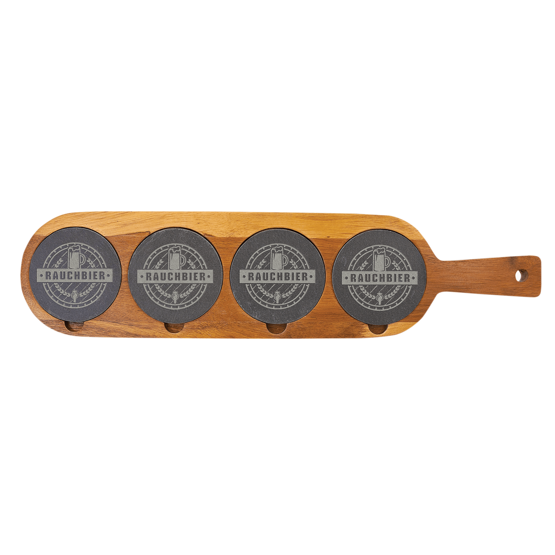 Acacia wood serving board with laser-engraved slate coasters showing custom Rauchbier logo