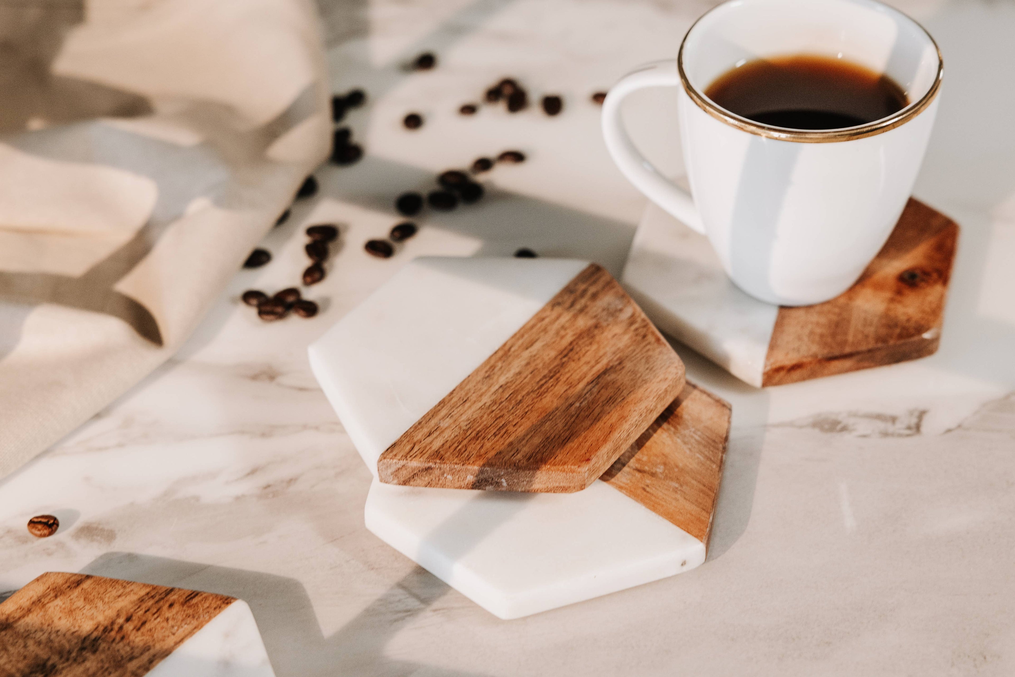 Artisan Marble and Wood Hexagon Coaster Set of 4 - White